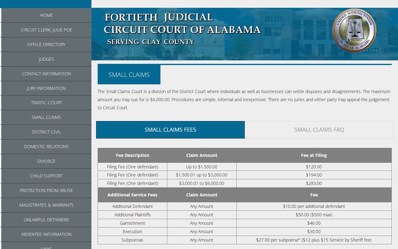 Clay County civil docket small claims procedure